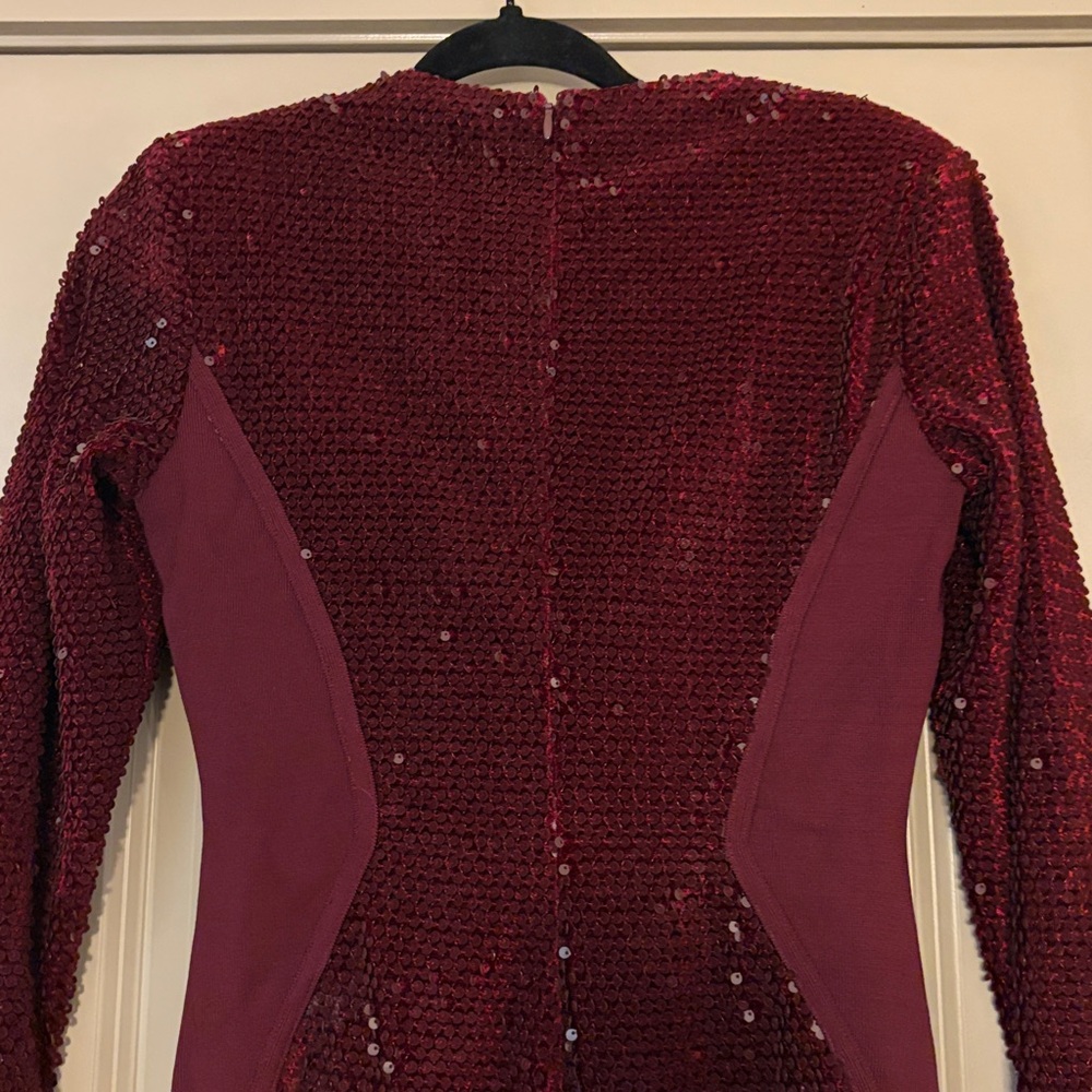 House of CB Wine Velvet Sequin Long Sleeve Dress - Picture 5 of 7